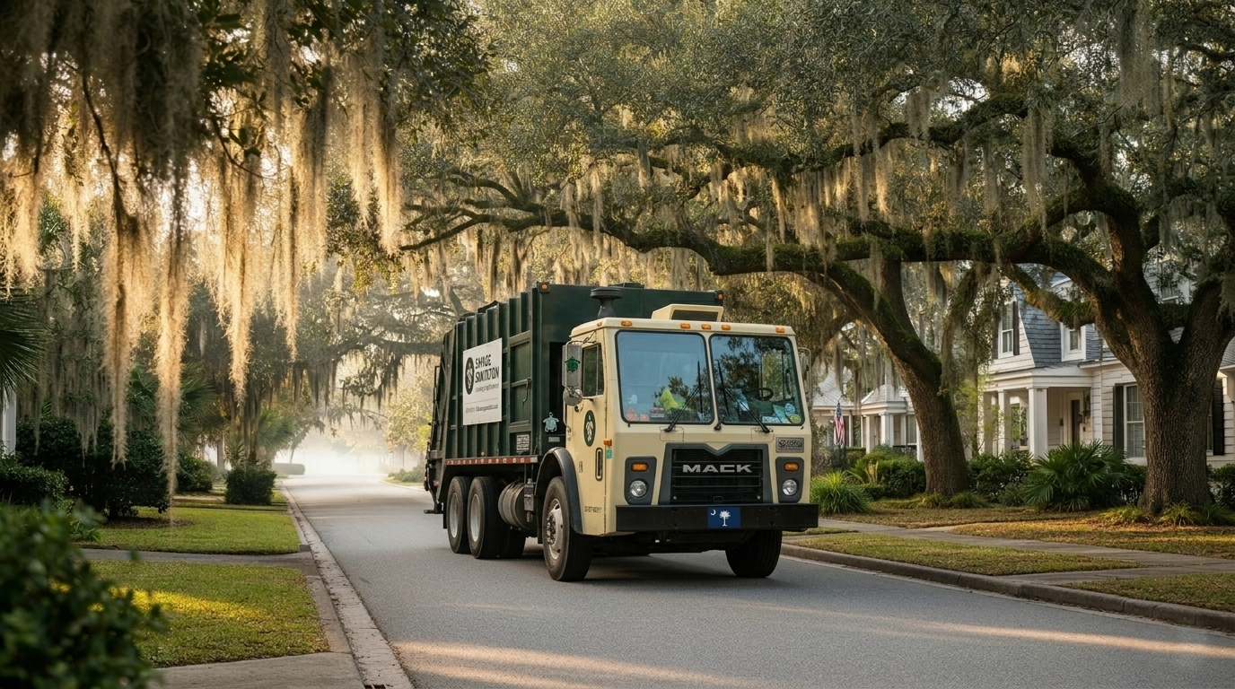 Savage Sanitation truck under live oaks in Beaufort, SC